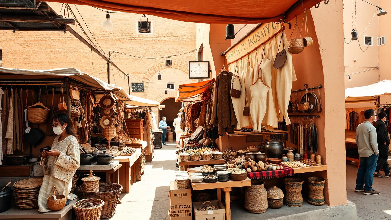 Puestos de mercado artesanal con productos hechos a mano